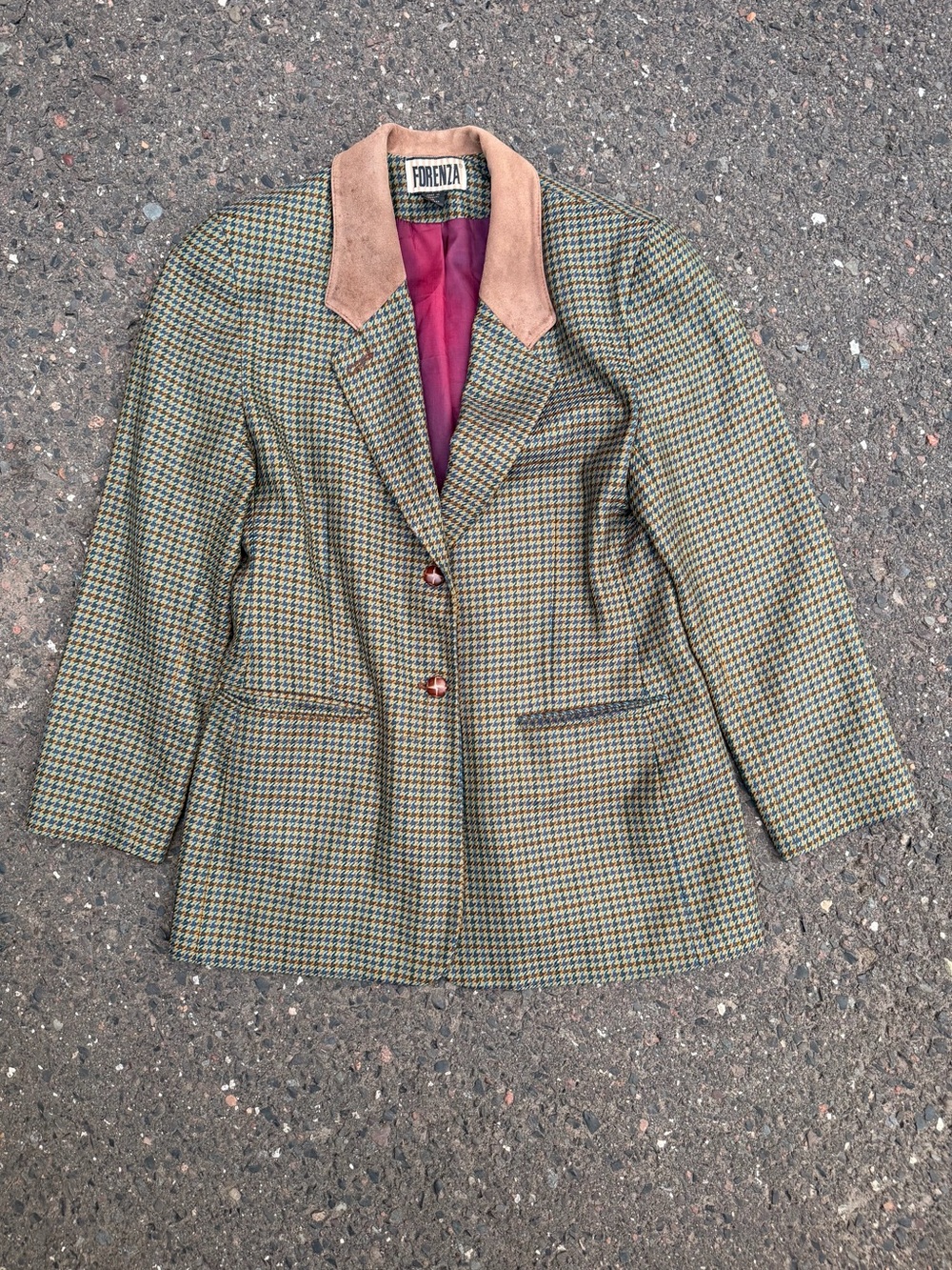 Forenza Women's Houndstooth Blazer Jacket with Suede Collar (10) - Green/Tan